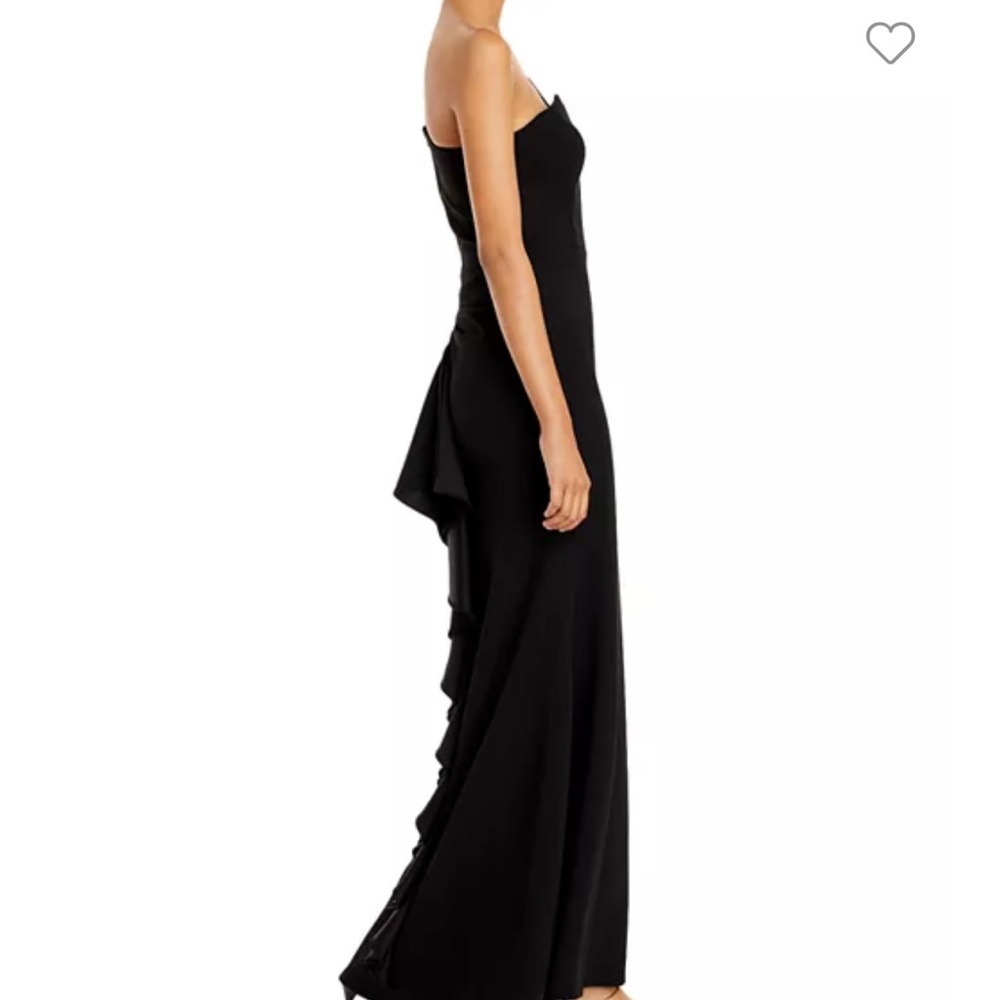 NWT Bloomingdale’s exclusive Black one shoulder ruffled back formal gown.